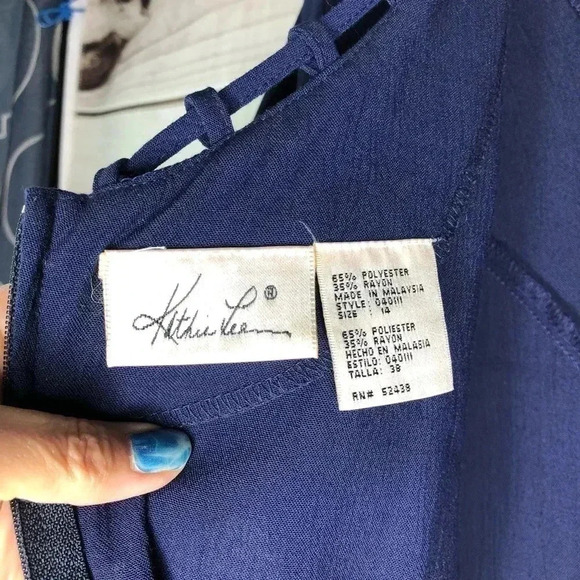 VTG Kathy Lee Dress 14 Dark Blue Short Sleeve Midi Back Zip Unlined - Picture 11 of 11